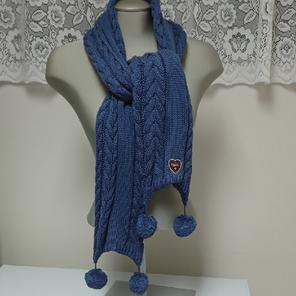 Mexx Blue Knit Scarf with Pom Poms